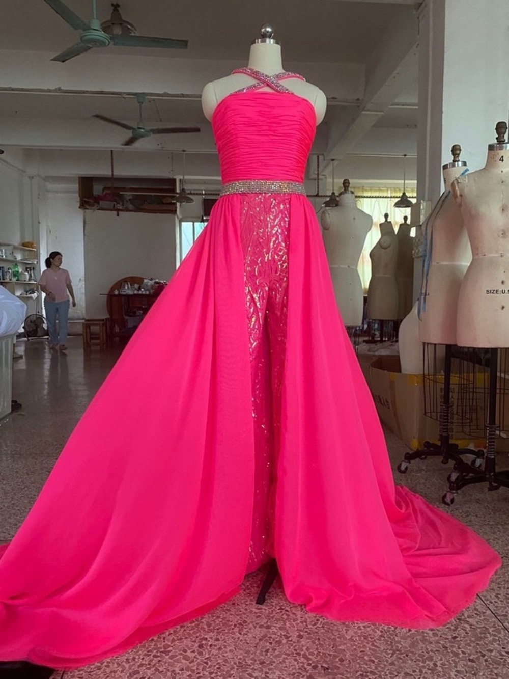 Custom Yubin Couture Hot Pink Pageant Jumpsuit & Overskirt Size 2